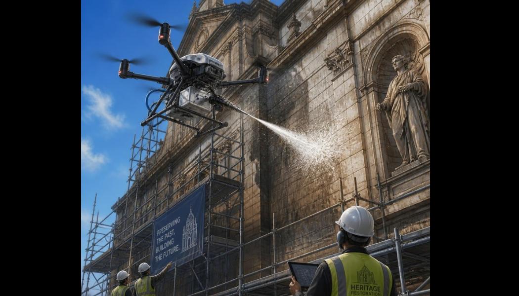 Tarihi yapıda drone ile hassas dış cephe temizliği